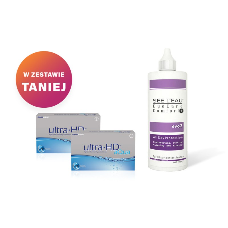 Zestaw 2x Ultra HD™ Aqua - 3 soczewki + SEE L'EAU EyeCare Comfort+ 360ml Zestaw 2x Ultra HD™ Aqua - 3 soczewki + SEE L'EAU EyeCare Comfort+ 360ml